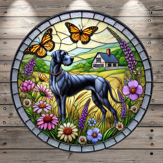Blue Great Dane | Lightweight Round Metal Wreath Sign | Butterflies & Flowers | Faux Stained Glass Look | No Holes In Sign