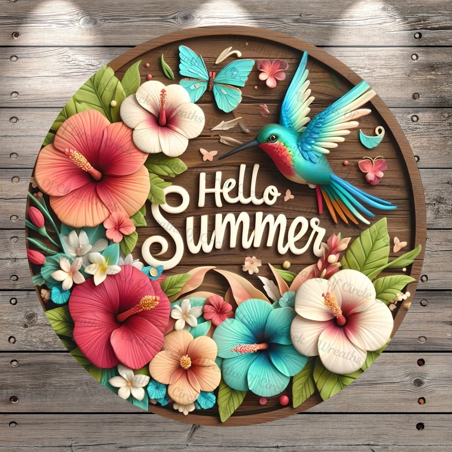 Hummingbird, Hello Summer, Tropical, Florals, Butterflies, Florals, Faux Wood, Lightweight, Wreath Sign, No Holes In Sign