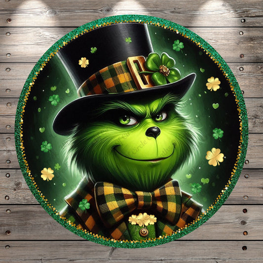 St. Patrick's Day, Green Monster, Green, Gold, Orange, Black, Shamrock, Buffalo Plaid, Round, Lightweight, Metal, Wreath Sign, No Holes