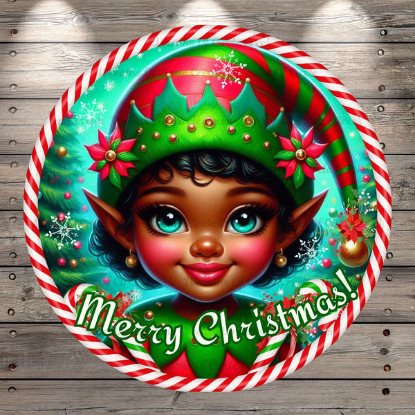 Girl Elf, Merry Christmas, African American, Classic, Retro, Candy Canes, Red, Green, Round, Light Weight, Metal ,Wreath Sign, No Holes In Sign