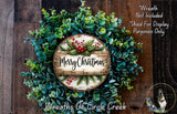 A wreath made of various green plants and red berries, with a wooden sign that says "Merry Christmas" in the center. The wreath is displayed on a wooden surface, and there is a text overlay that reads "Wreath Not Included * Used For Display Purposes Only".