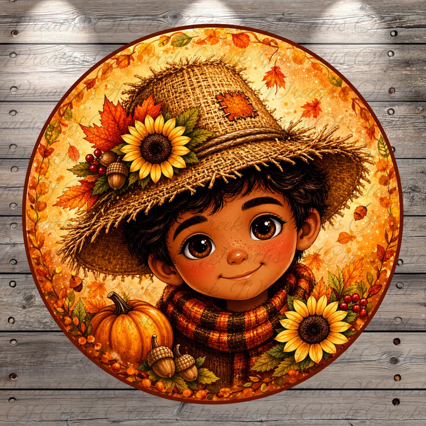 A young boy wearing a straw hat and scarf is surrounded by autumn decorations, including sunflowers, pumpkins, and acorns, against a wooden background.