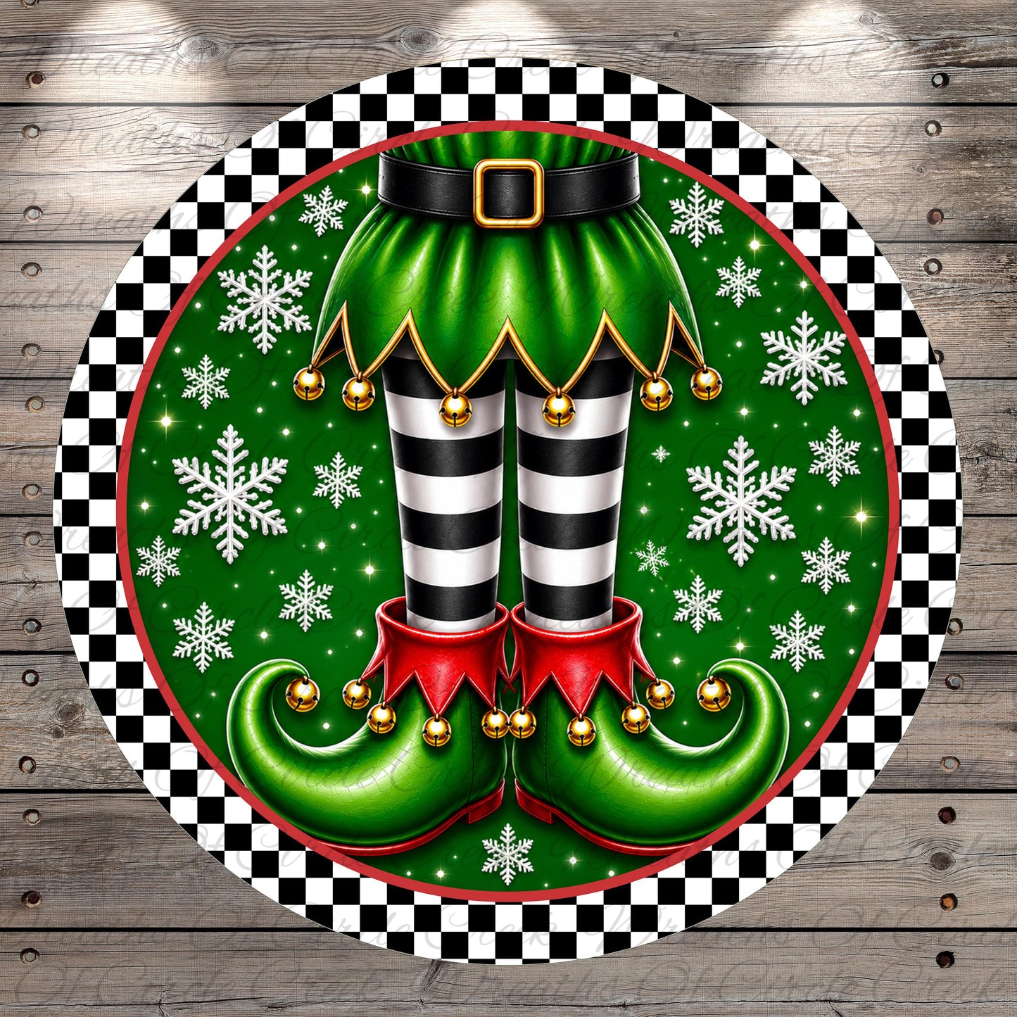 A festive Christmas-themed image featuring a pair of green elf boots with black and white striped legs, red tassels, and gold bells, surrounded by snowflakes and a black and white checkered border.