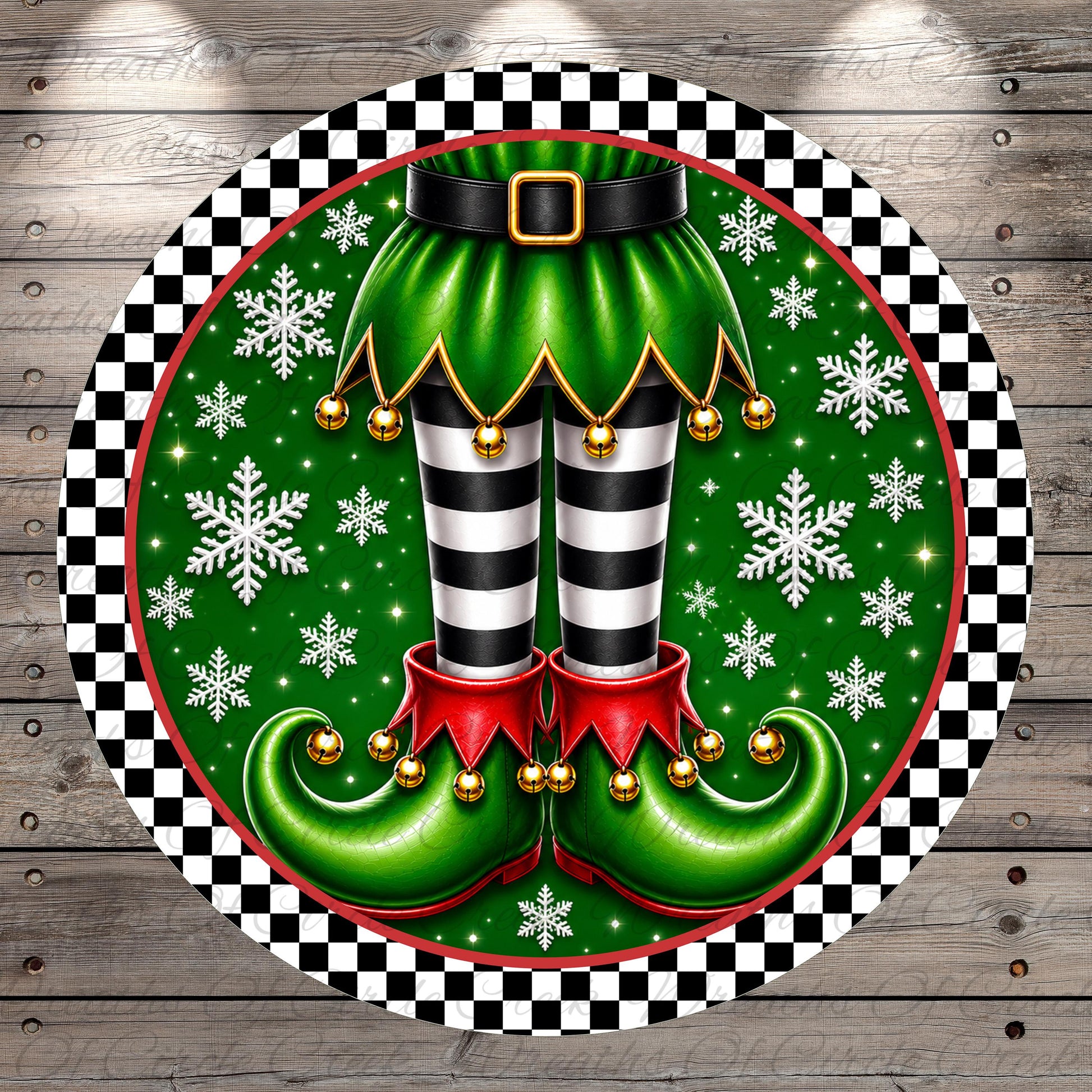 A festive Christmas-themed image featuring a pair of green elf boots with black and white striped legs, red tassels, and gold bells, surrounded by snowflakes and a black and white checkered border.