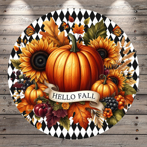 A decorative round sign featuring a vibrant autumn scene with a large pumpkin, sunflowers, and other fall-themed elements. The sign also includes the text "Hello Fall" in a decorative font.