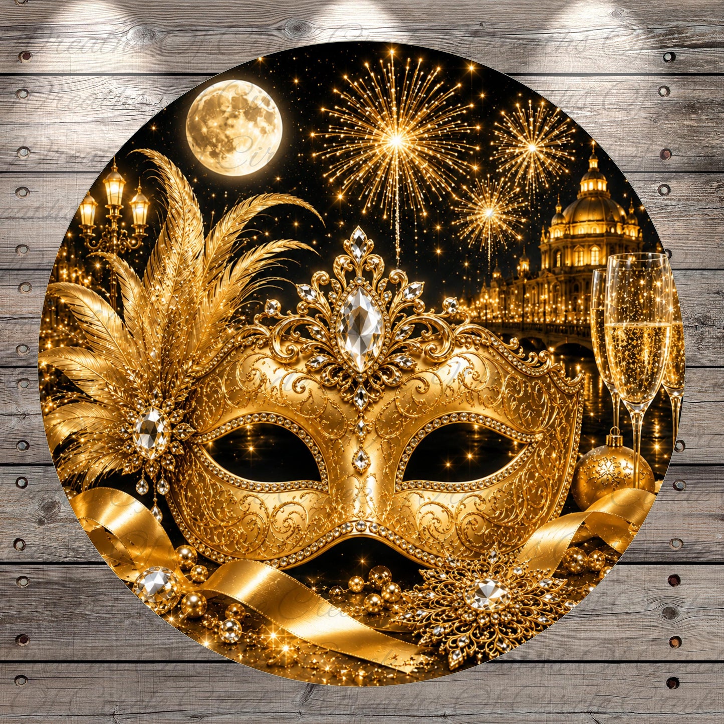 a golden mask surrounded by various golden and sparkling objects, including a full moon, fireworks, and champagne glasses, all set against a dark background.