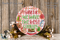 Santa Claus sign with the text "Santa we have the best cookies" surrounded by various holiday-themed items such as cookies, a gift box, and a bottle of milk.