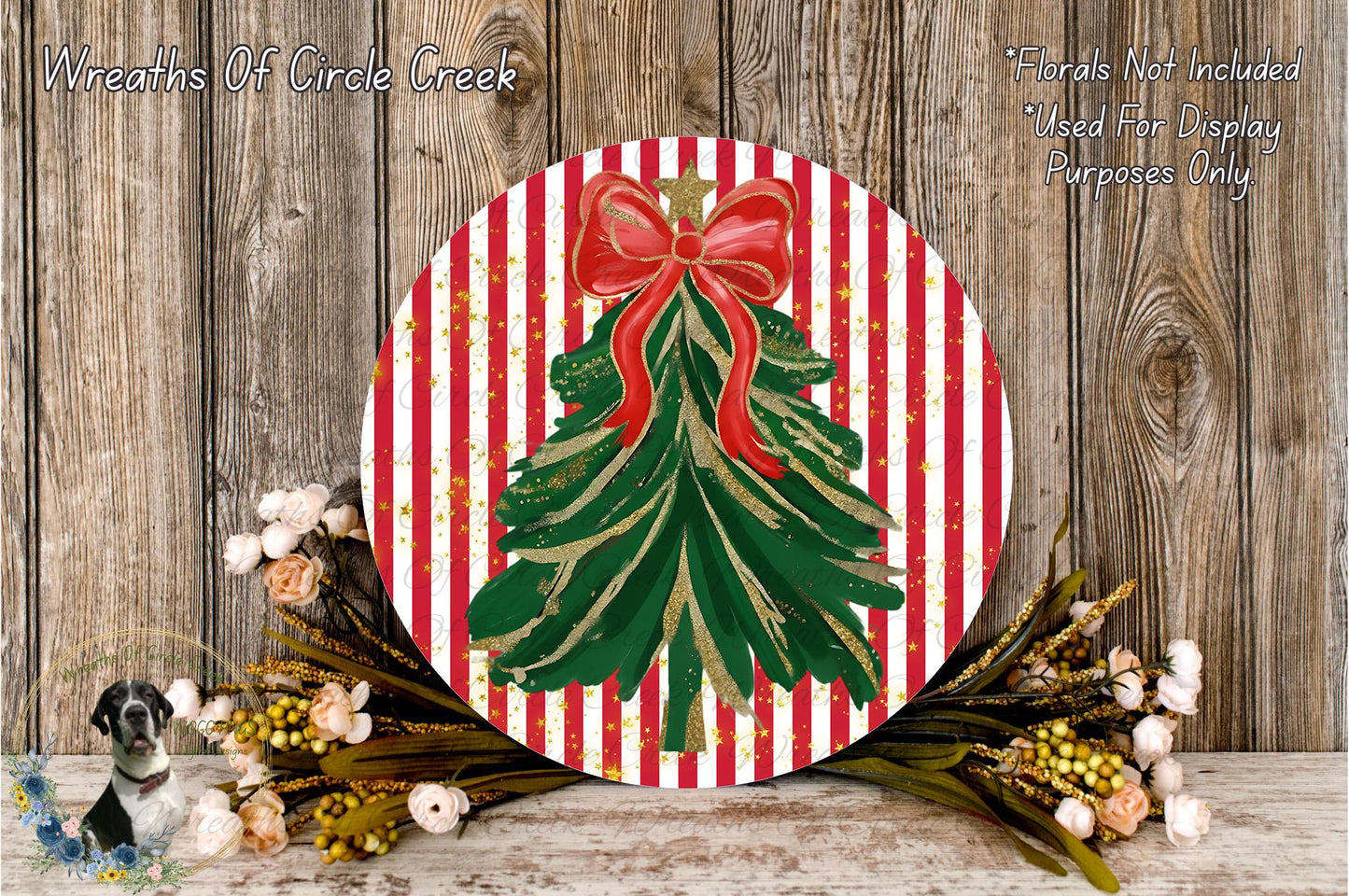 a festive Christmas wreath with a red bow, surrounded by a variety of flowers and greenery, set against a rustic wooden background.
