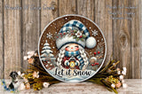 A decorative plate with a winter scene featuring a smiling girl, snowflakes, pine trees, and a lantern, surrounded by flowers and greenery.