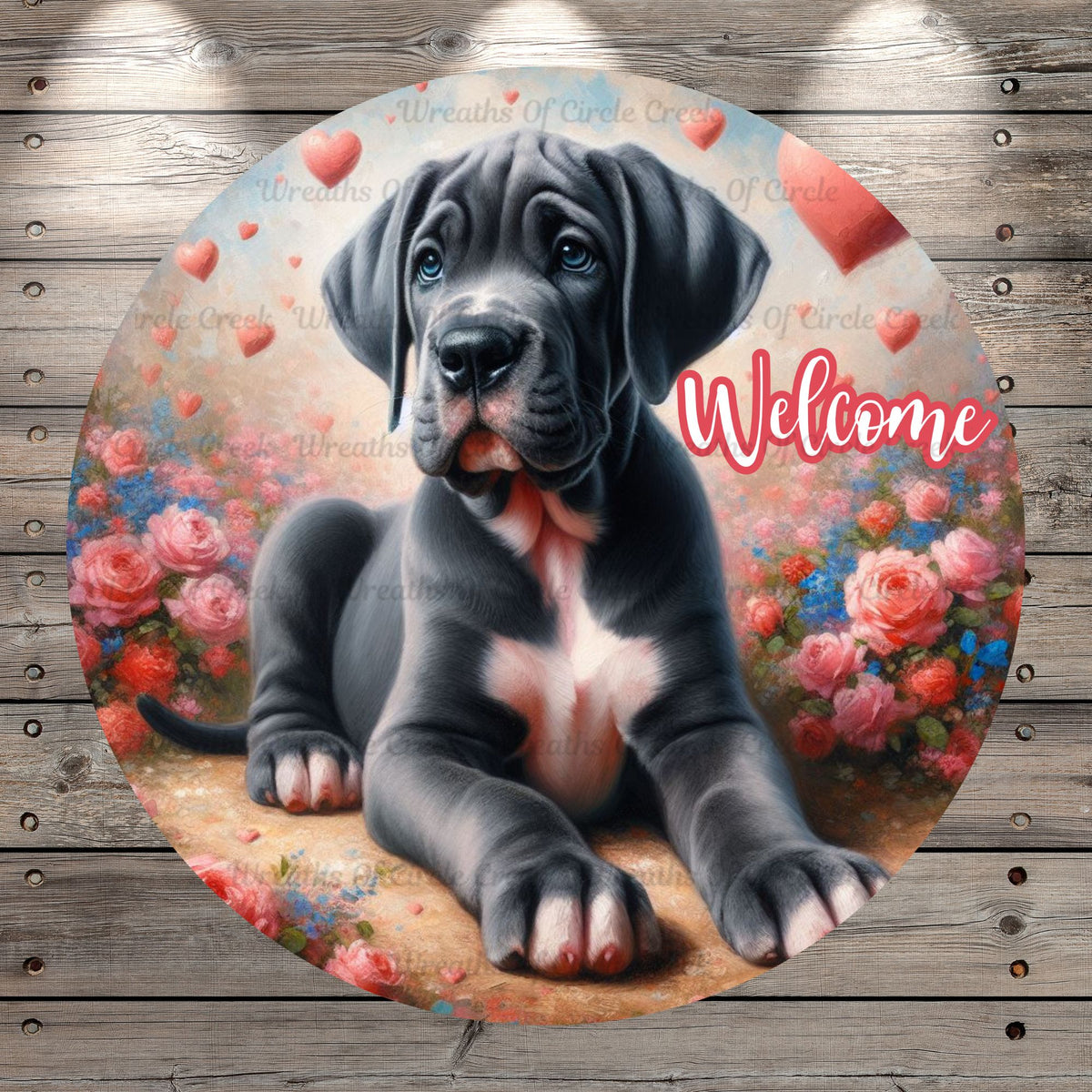 Silver Great Dane Puppy, Gray and White Puppy, Hearts, Valentines, Florals, Whimsical, Round, Light Weight, Metal Wreath Sign, No Holes   UV Coated