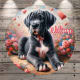 Silver Great Dane Puppy, Gray and White Puppy, Hearts, Valentines, Florals, Whimsical, Round, Light Weight, Metal Wreath Sign, No Holes   UV Coated