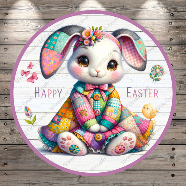 Easter Bunny, Girl, Happy Easter, Patchwork, Lightweight, Metal Wreath Sign, Round, With No Holes In Sign