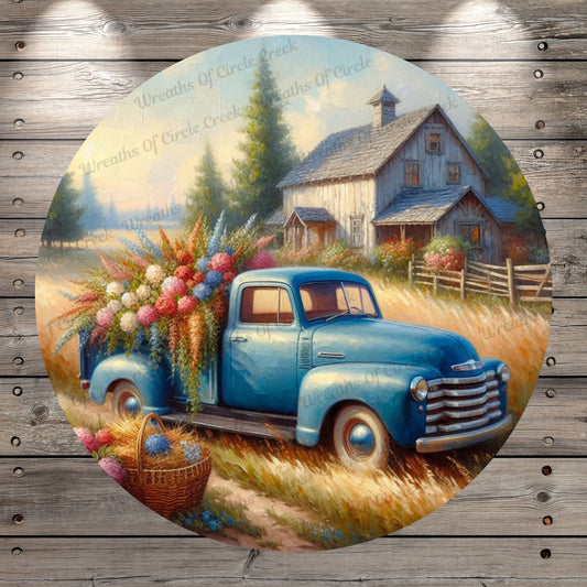 Vintage Blue Farm Truck | Lightweight Round Metal Wreath Sign | Country Flowers & Barn Scene | No Holes In Sign