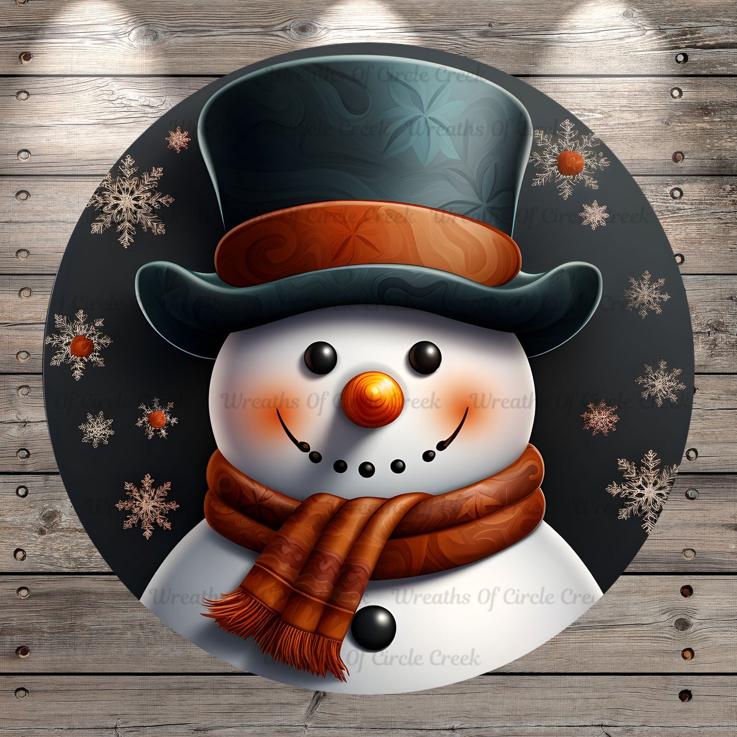 Snowman with Black Top Hat, Deep Red Scarf, Snowflakes, Wreath Sign, No Holes, Round UV Coated, Metal, Light Weight, Metal Wreath Sign, No Holes