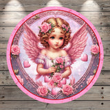Valentine Cupid, Be Mine, Valentine, Victorian, Pink, Roses, Hearts, Light Weight, Round, Metal Wreath Sign, No Holes