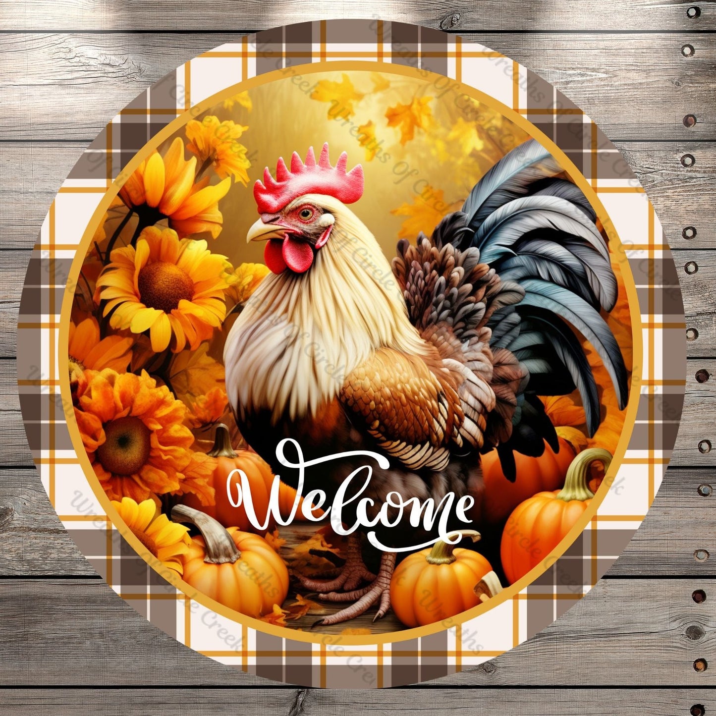 Fall Rooster, Welcome, Pumpkins And Sunflower, Plaid, Round UV Coated, Metal Sign, No Holes