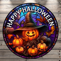 Happy Halloween, Witch Jack-O-Lanterns, With Little Jacks, Stain Glass Print, Round UV Coated, Metal Sign, No Holes