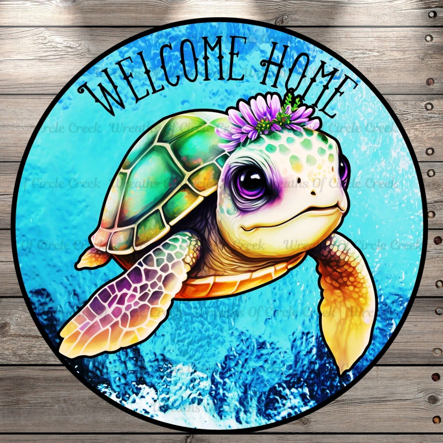 Welcome Home, Sea Turtle, Tropical, Glass Print, Light Weight, Metal Wreath Sign, No Holes