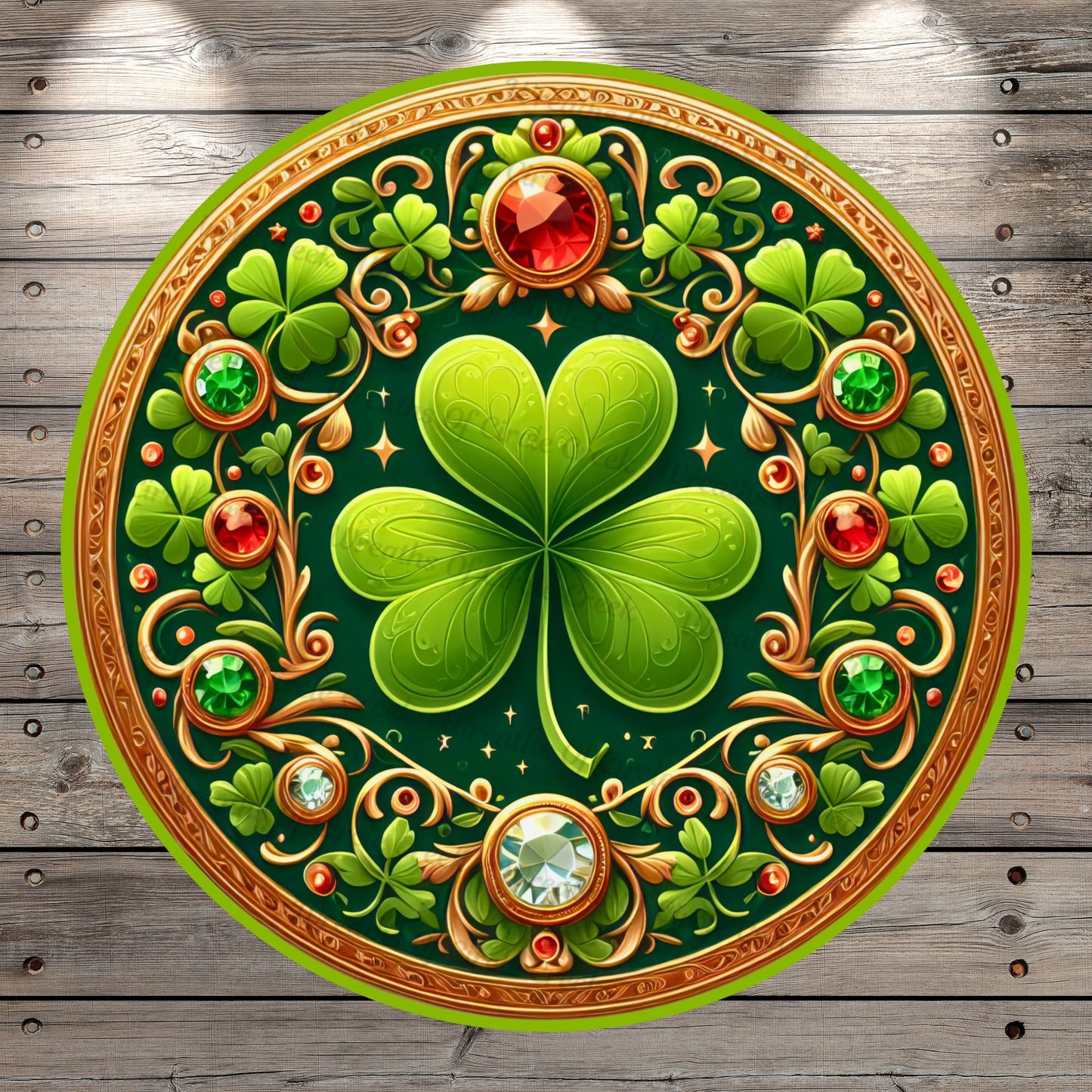 St. Patrick's Day, Clover, Clovers, Jewels, Gold, Green, Round, Light Weight, Metal, Wreath Sign, No Holes In Sign