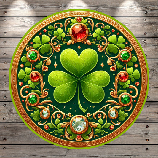 St. Patrick's Day, Clover, Clovers, Jewels, Gold, Green, Round, Light Weight, Metal, Wreath Sign, No Holes In Sign