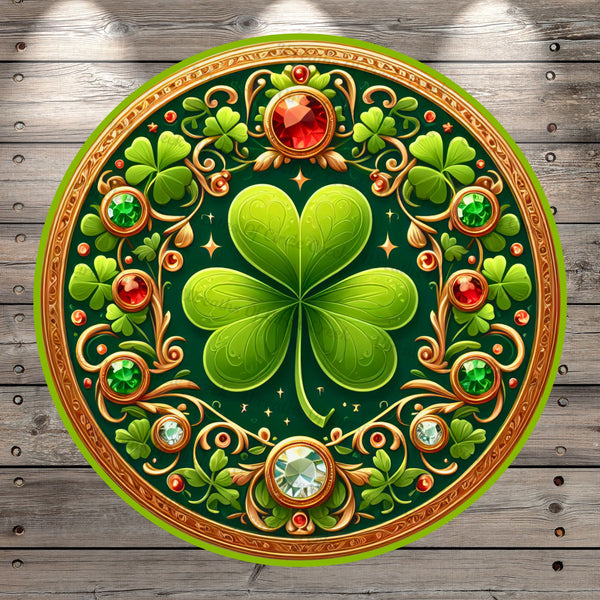 St. Patrick's Day, Clover, Clovers, Jewels, Gold, Green, Round, Light Weight, Metal, Wreath Sign, No Holes In Sign