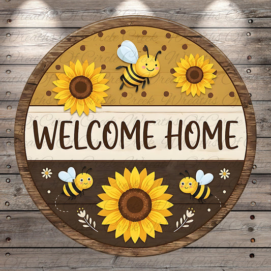 a circular wooden sign with a welcoming message and illustrations of bees and sunflowers.