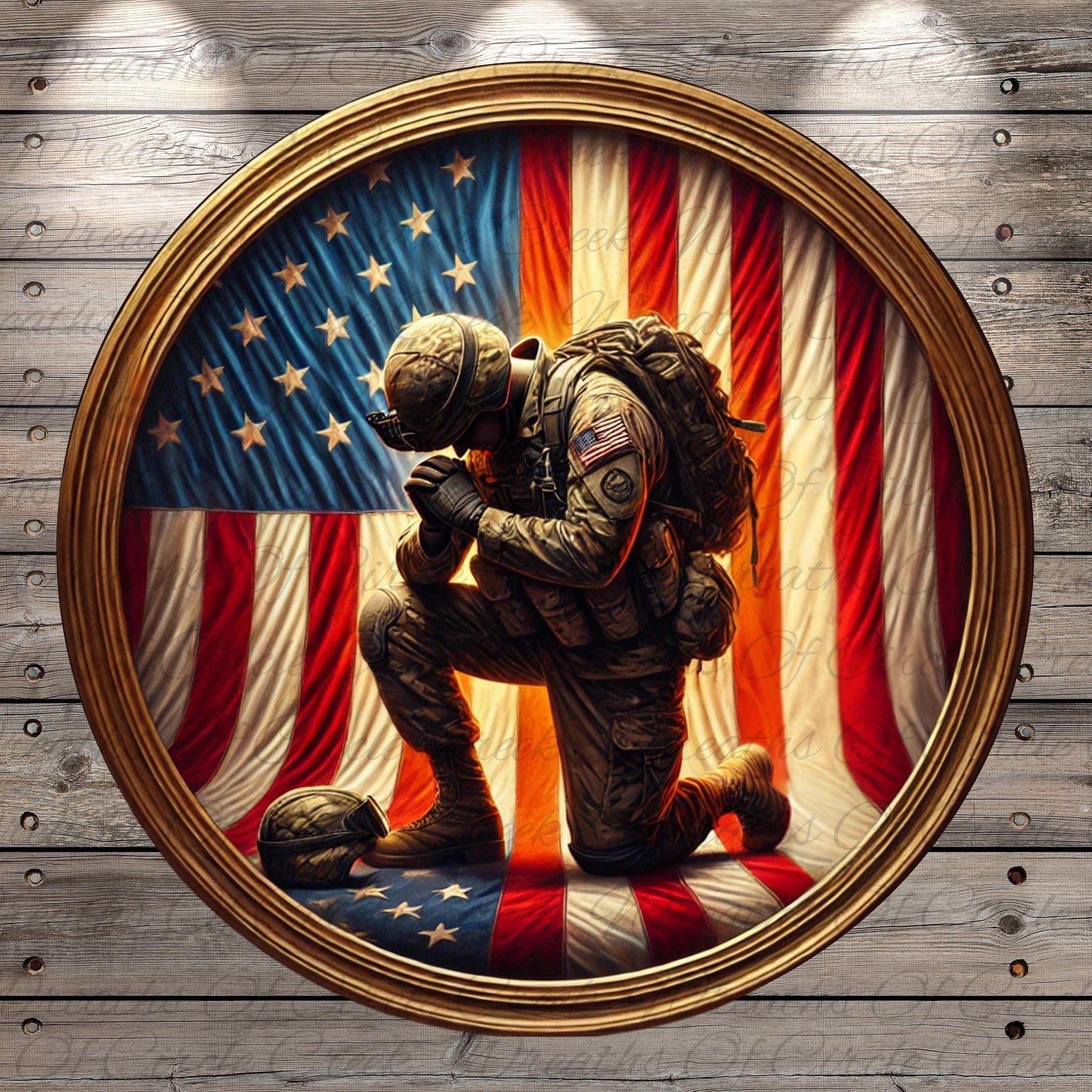 a painting of a soldier kneeling in front of an american flag