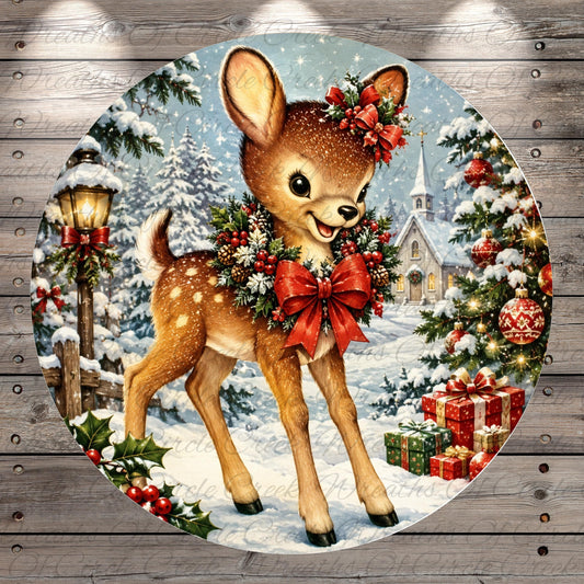 A festive Christmas scene featuring a smiling deer adorned with a wreath and a red bow, surrounded by a snowy landscape, a Christmas tree, and presents.