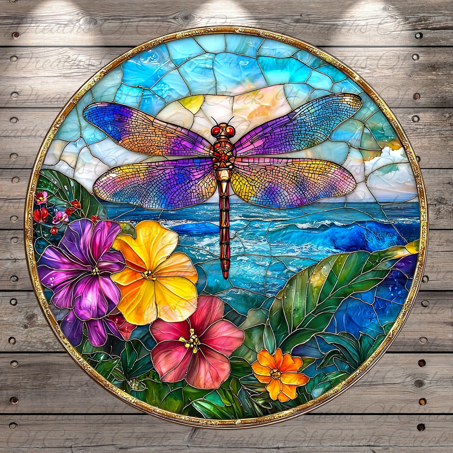 A vibrant stained glass artwork depicting a colorful dragonfly surrounded by flowers and leaves, set against a backdrop of a serene ocean and sky.