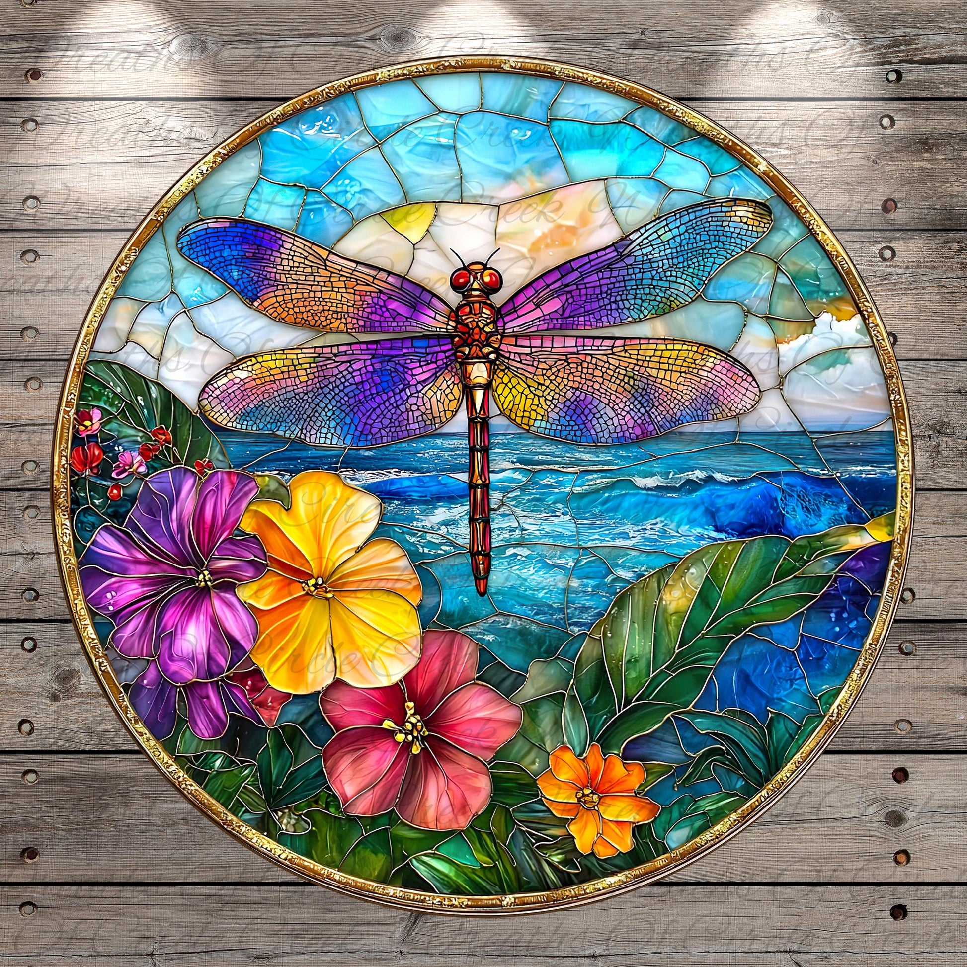 A vibrant stained glass artwork depicting a colorful dragonfly surrounded by flowers and leaves, set against a backdrop of a serene ocean and sky.
