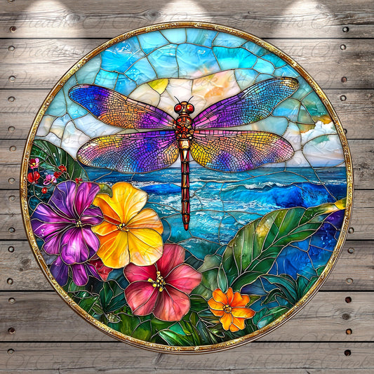 A vibrant stained glass artwork depicting a colorful dragonfly surrounded by flowers and leaves, set against a backdrop of a serene ocean and sky.