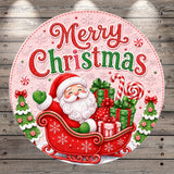 A festive Christmas scene featuring Santa Claus riding a decorated sleigh pulled by a large red sled, surrounded by various holiday decorations such as candy canes, gift boxes, and snowflakes.