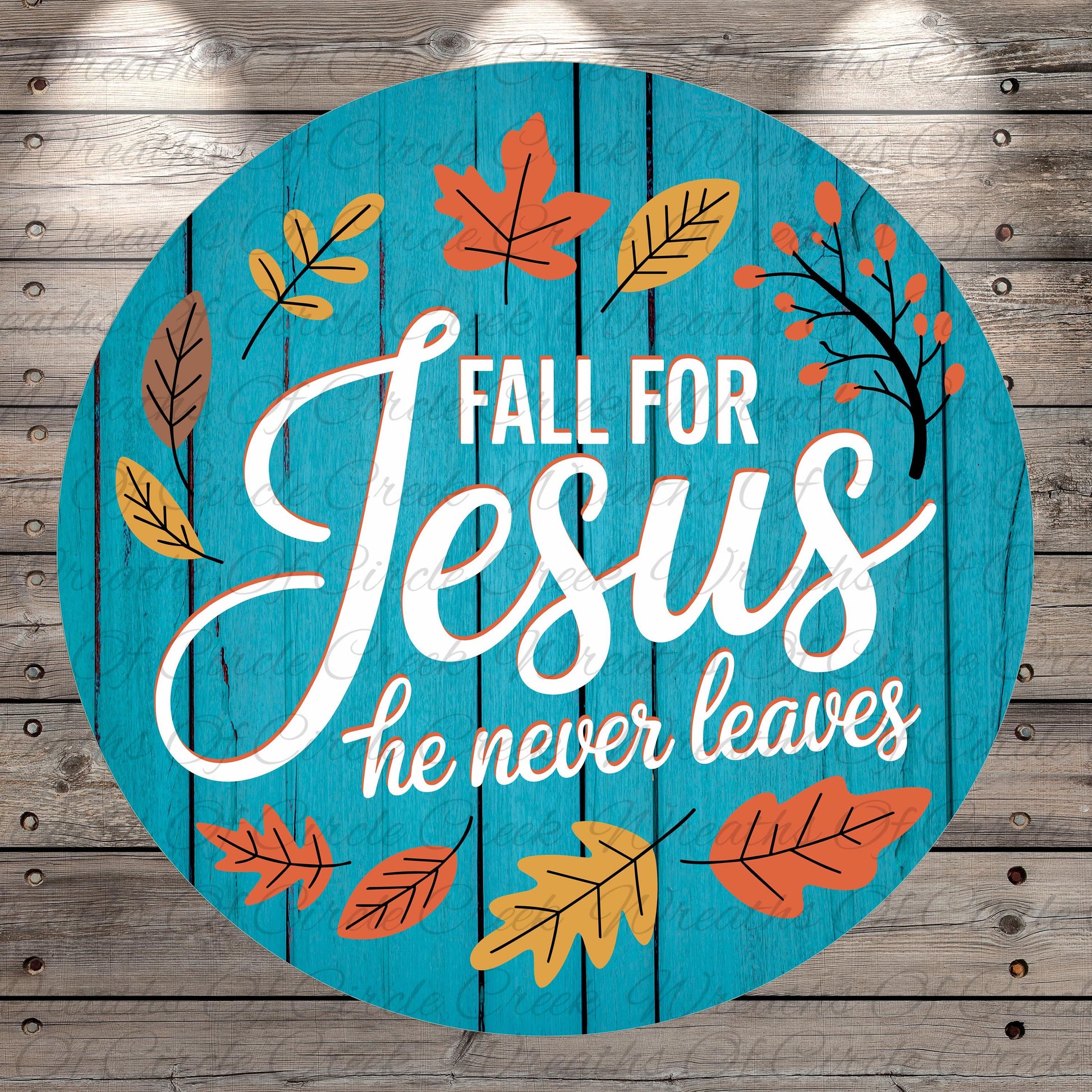 The image is a circular graphic with a blue background and a message about falling for Jesus.
