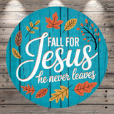 The image is a circular graphic with a blue background and a message about falling for Jesus.