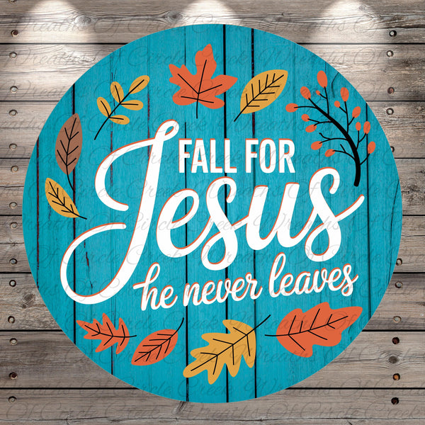 The image is a circular graphic with a blue background and a message about falling for Jesus.