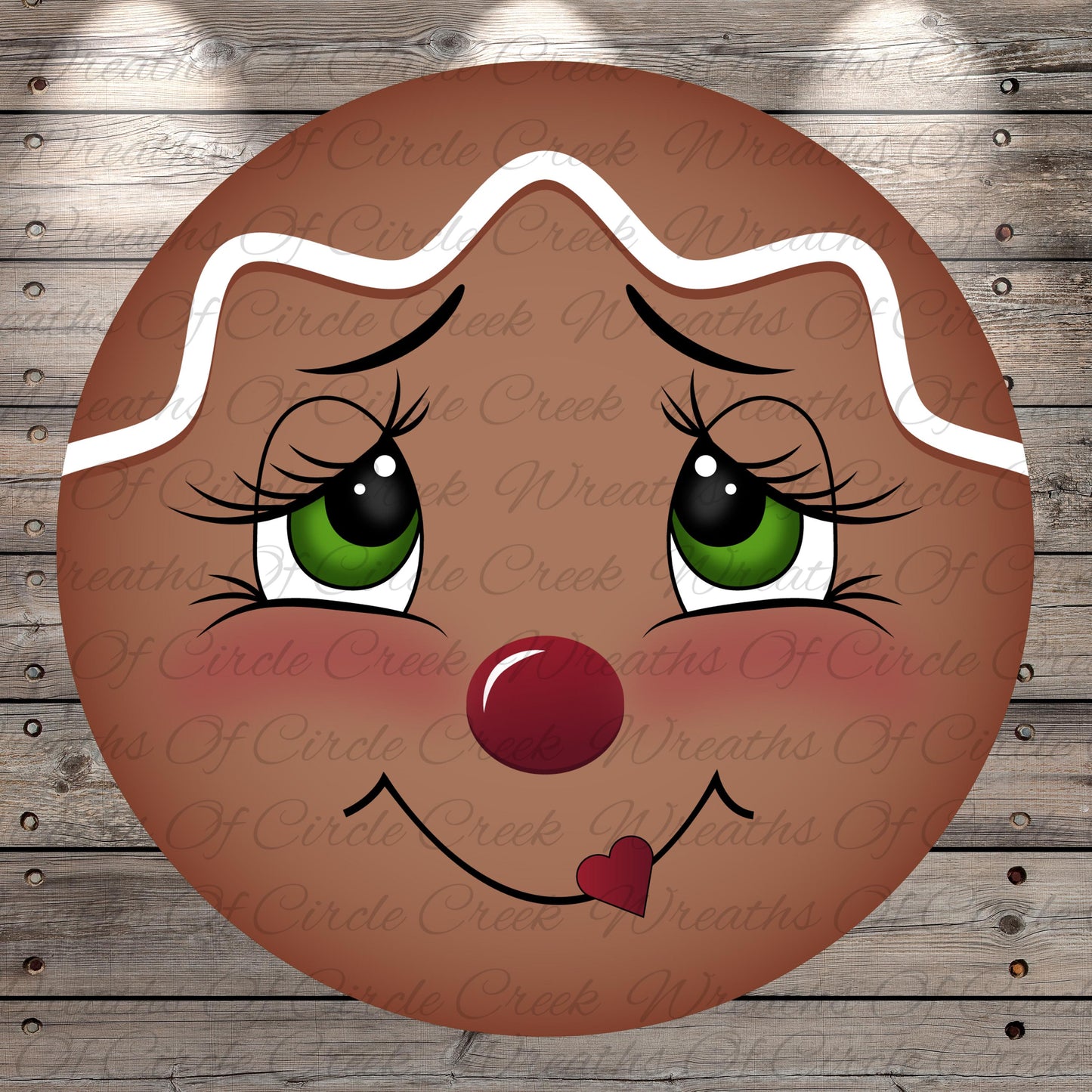 A close-up of a gingerbread man cookie with a smiling expression, eyes, and a red nose, set against a wooden background.