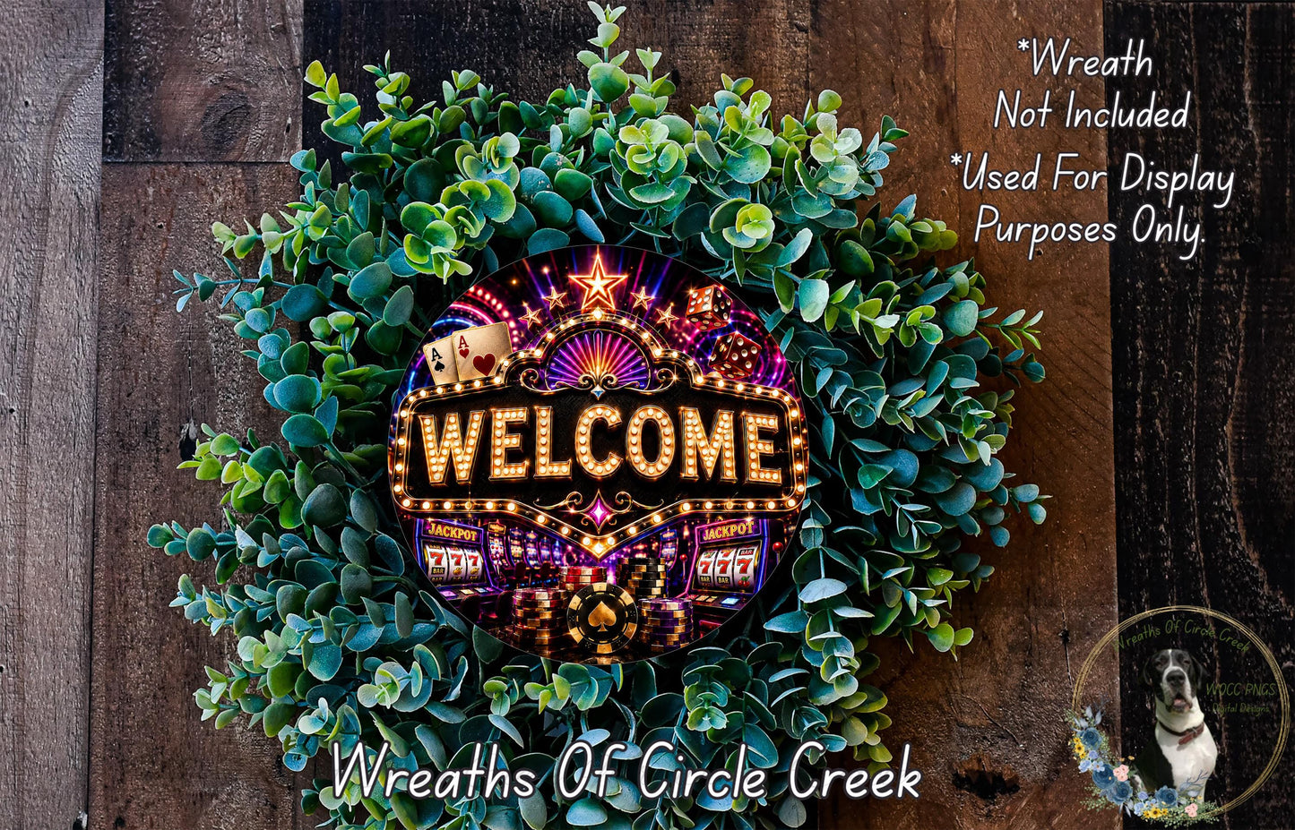 A wreath made of green leaves and a large illuminated sign that says "WELCOME".