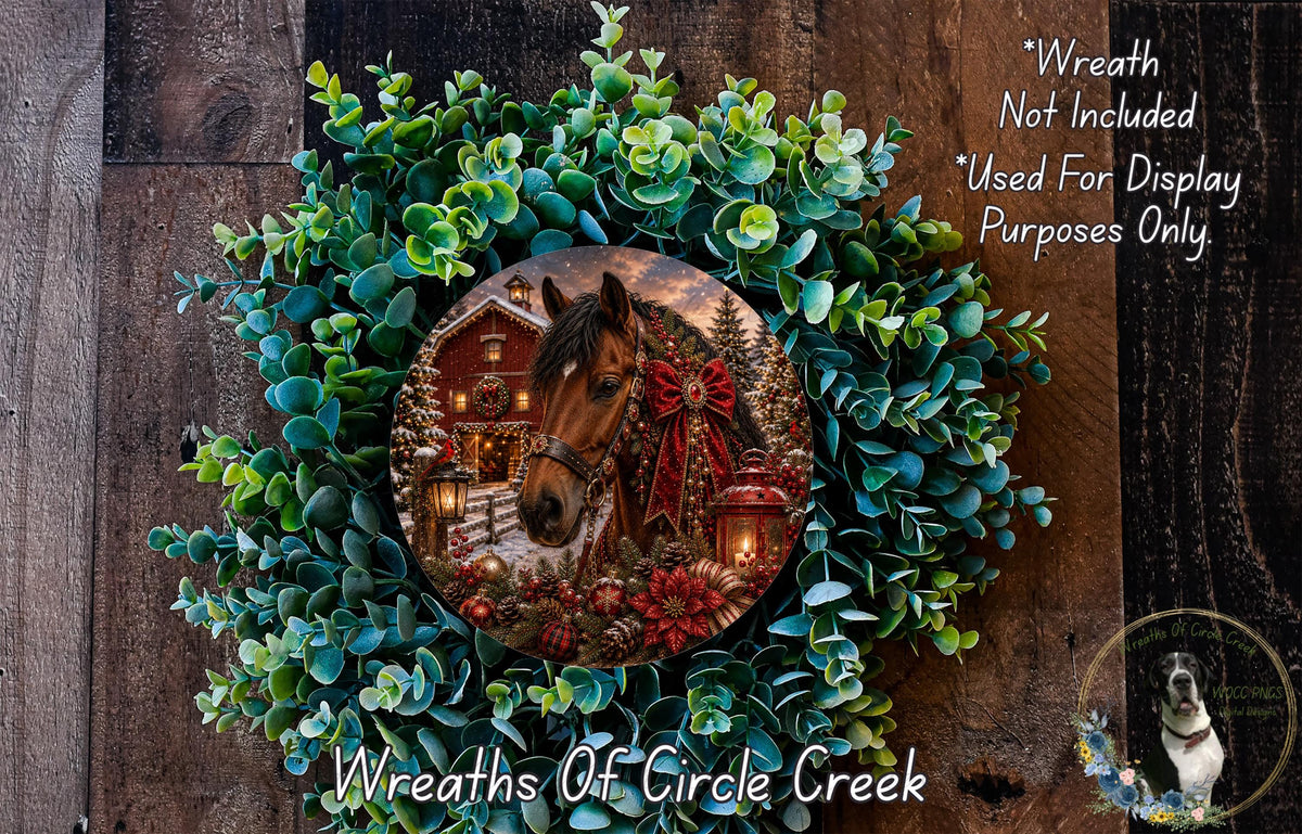 A wreath made of green leaves and red poinsettias, featuring a photograph of a horse in a snowy landscape.