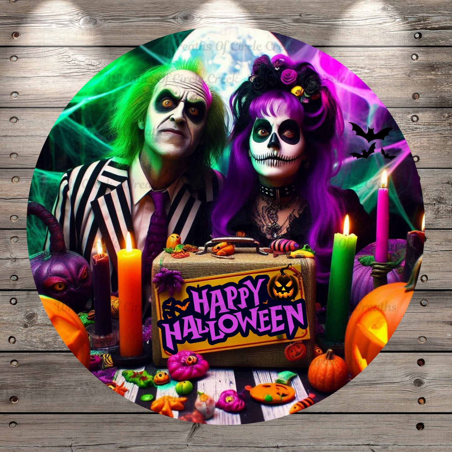 Happy Halloween, Costume Party, Halloween Couple, Beetle Juice Inspired, Round, Light Weight, Metal Wreath Sign, No Holes In Sign