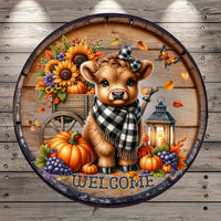 Highland Cow, Welcome, Black and White, Bow, Scarf, Faux Wood, Rustic, Round, Light Weight, Metal, Wreath Sign, No Holes In Sign