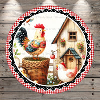 Rooster, Chickens, Welcome To Our Coop, Classic, Farmhouse, Round, Light Weight, Metal Wreath Sign, No Holes In Sign