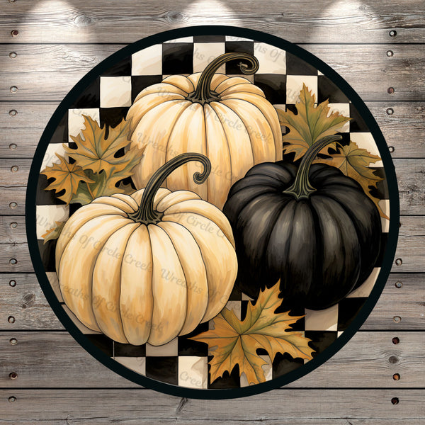 Black, White, Cream, Pumpkins, Checkered, Fall, Halloween, Round, Light Weight, Metal Wreath Sign, No Holes In Sign