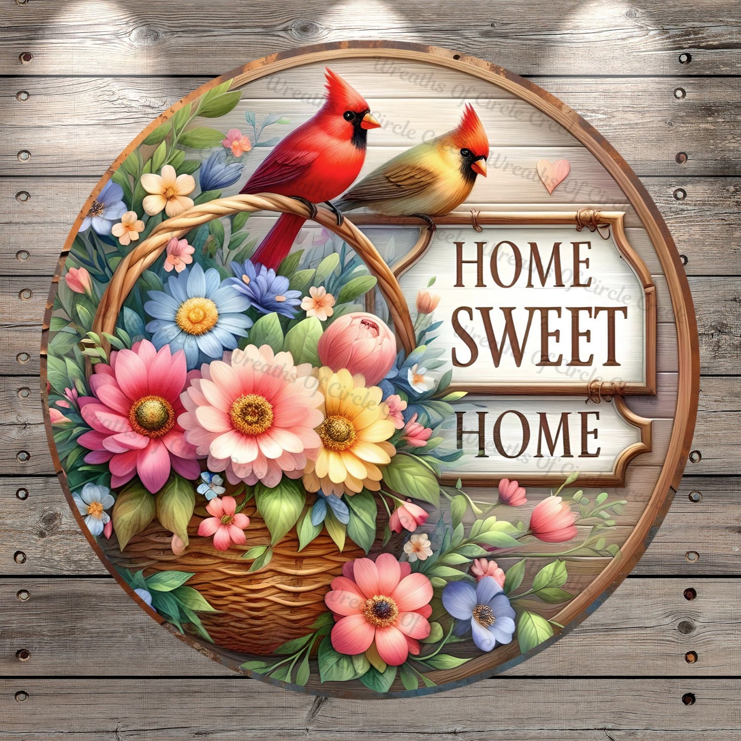 Cardinals, Home Sweet, Home, Florals In Basket, Faux Wood, Lightweight, Metal Wreath Sign, No Holes in Sign