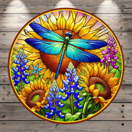 Large Dragonfly Sunflower| Lightweight Round Metal Wreath Sign | Bluebonnet | No Holes In Sign