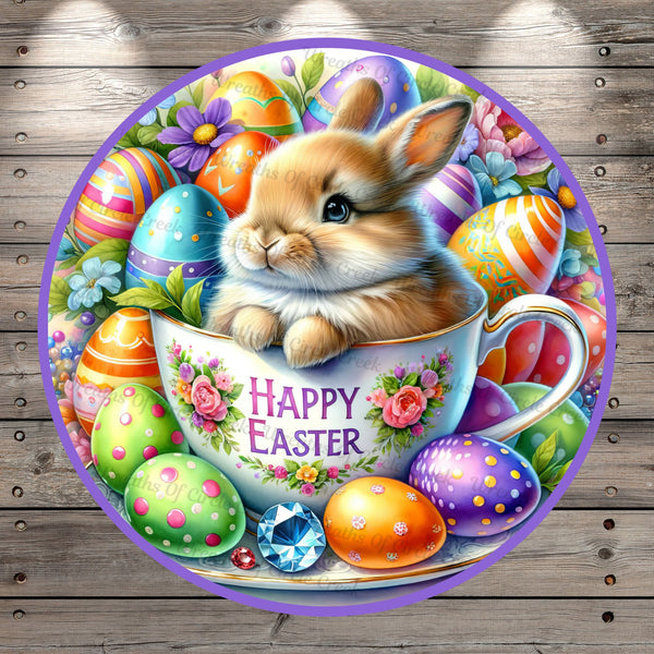 Happy Easter, Bunny In Teacup, Purple, Multi Color, Easter Eggs, Jewel, Lightweight, Metal Wreath Sign, Round, With No Holes In Sign