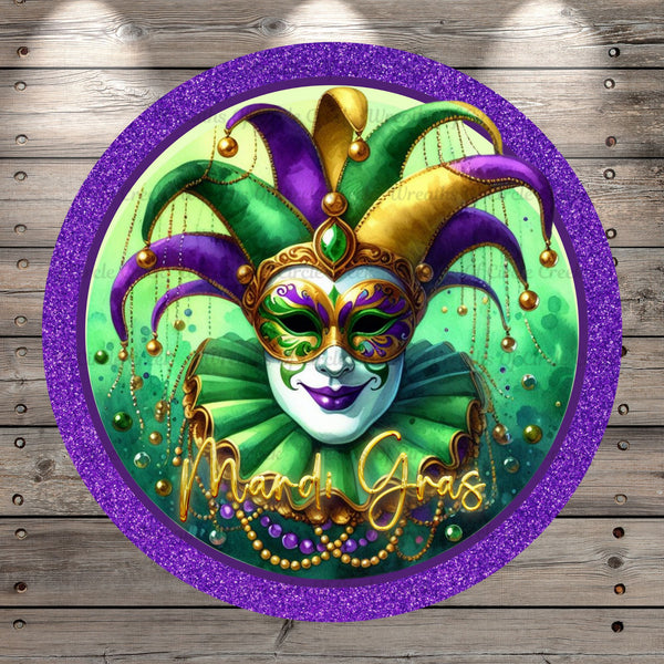 Mardi Gras Jester, Gold, Purple, Green, Purple Glitter, Round, Light Weight, Metal Wreath Sign, No Holes