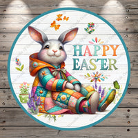 Easter Bunny Sitting, Happy Easter, Florals, Patchwork, Lightweight, Metal Wreath Sign, Round, With No Holes In Sign