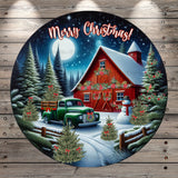 Merry Christmas, Red Barn, Farm Truck, Christmas Trees, Winter Scene, Light Weight, Round Metal Wreath Sign, No Holes, UV Coated