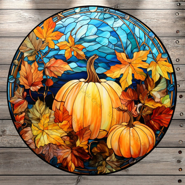 Two Fall Pumpkins And Leaves, Stained Glass Print, Round UV Coated, Metal Sign, No Holes