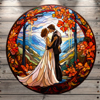 Wedding Couple 1, Fall Wedding, Stain Glass Print, Round UV Coated, Metal Sign, No Holes